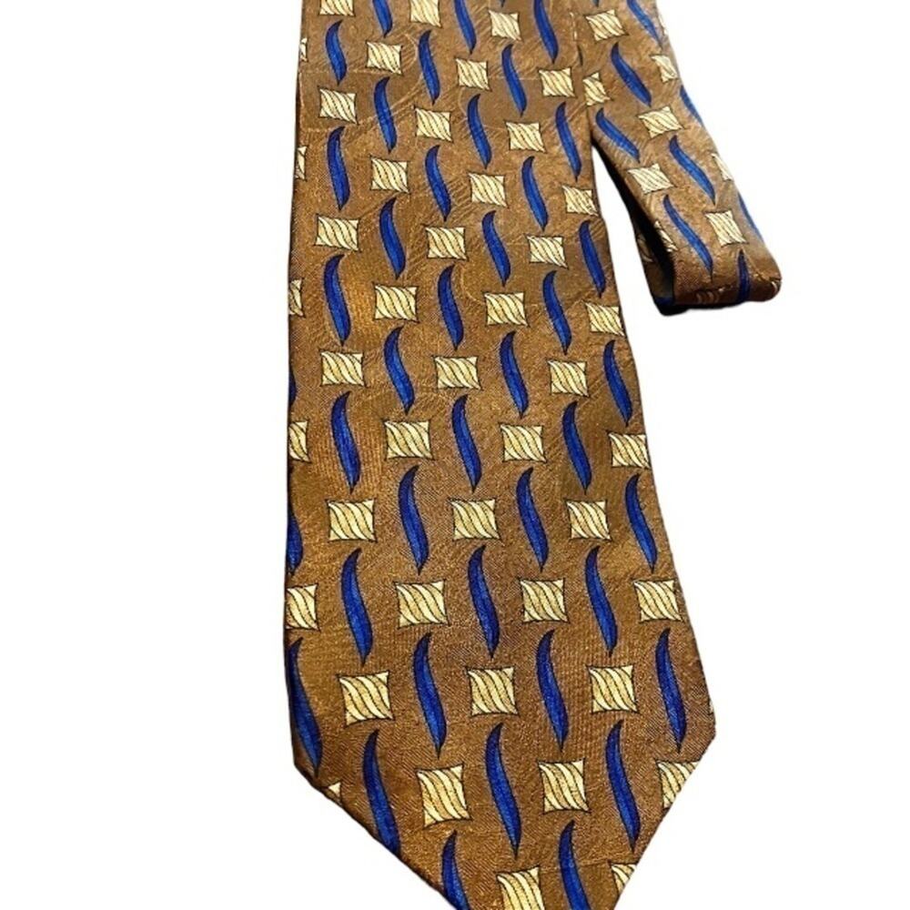 VINTAGE FERRELL REED SILK Tan‎ Blue NECK TIE MADE IN ITALY BY HAND